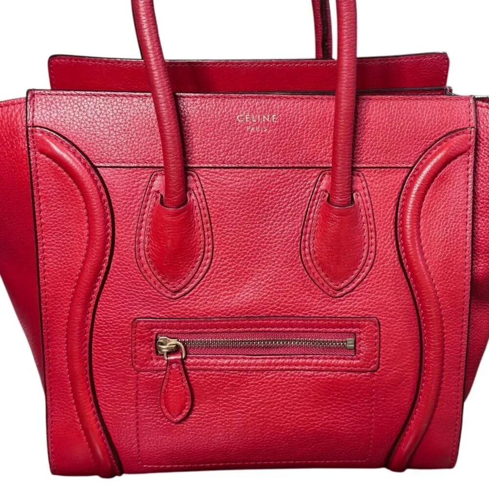 Céline Mini Luggage Tote Red Drummed Calfskin Leather Bag MSRP $3,100